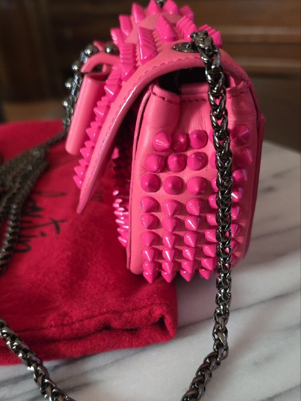 Christian Louboutin "Sweet Charity" Hot Pink Spike-Trim Bow Crossbody Bag 💖 - Picture 6 of 17